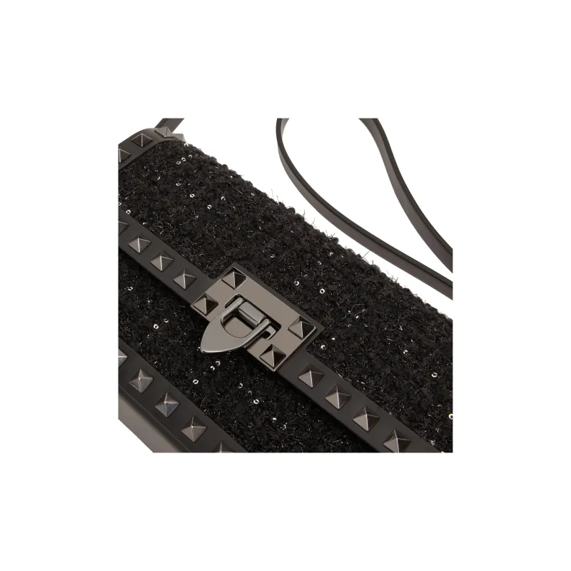 Valentino Rockstud Tweed Handbag Shoulder Bag Women's Black-5