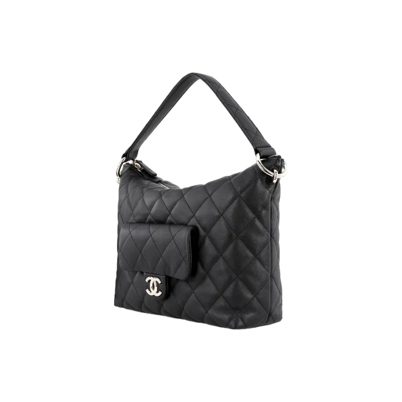 CHANEL Calfskin Hobo Hippie Hobo Bag, One Shoulder Handbag Medium Size Women's Black-1