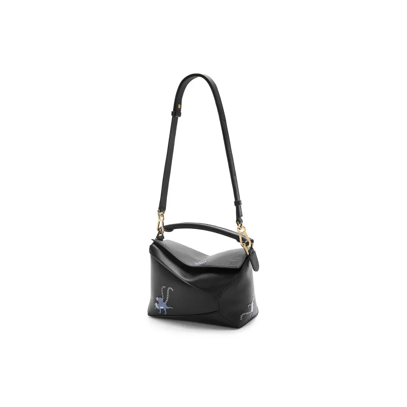 LOEWE Suna Fujita Collaboration Puzzle Satin Cow Leather Shoulder Bag Crossbody Bag Handbag Small Size Women's Black-2