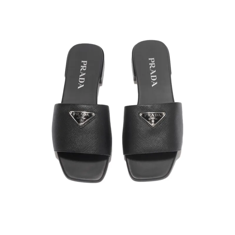 PRADA Logo Slide Sandals Black Saffiano Leather-4