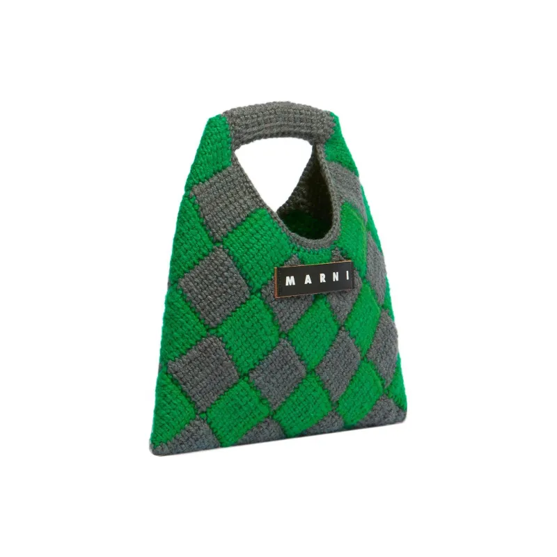MARNI Acrylic Knitted Fabric With Cow Leather Basket Bag Handbag Mini Women's Gray & Green-1