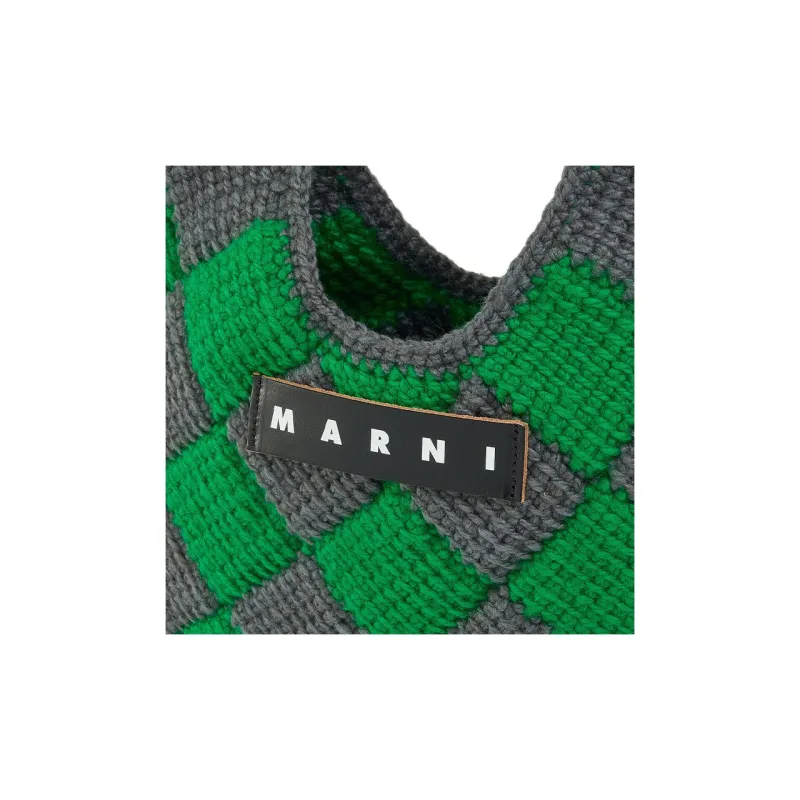 MARNI Acrylic Knitted Fabric With Cow Leather Basket Bag Handbag Mini Women's Gray & Green-3