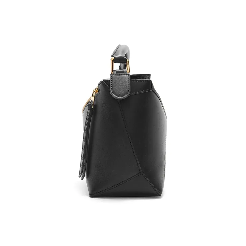 LOEWE Suna Fujita Collaboration Puzzle Satin Cow Leather Shoulder Bag Crossbody Bag Handbag Small Size Women's Black-4