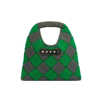 MARNI Acrylic Knitted Fabric With Cow Leather Basket Bag Handbag Mini Women's Gray & Green