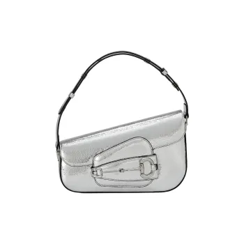 GUCCI Horsebit 1955 Crackle Leather Handbag Shoulder Bag Women's Silver