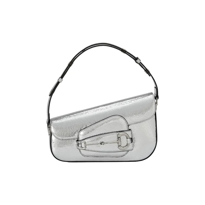 GUCCI Horsebit 1955 Crackle Leather Handbag Shoulder Bag Women's Silver-0