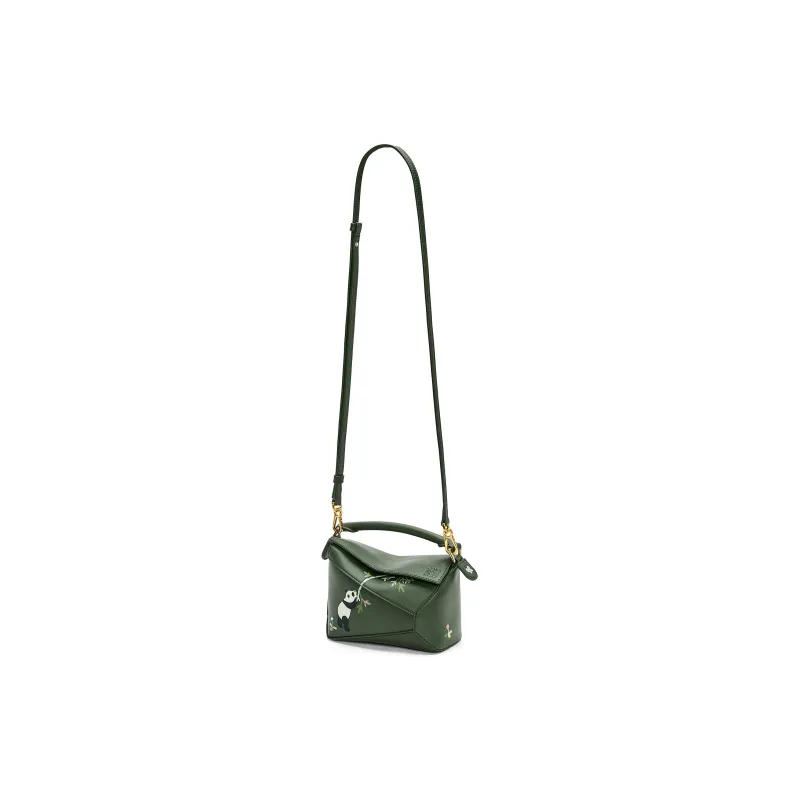 LOEWE Suna Fujita Collaboration Puzzle Satin Cow Leather Shoulder Bag Crossbody Bag Handbag Mini Women's Dark Green-1