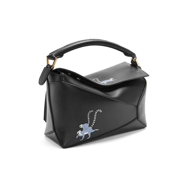 LOEWE Suna Fujita Collaboration Puzzle Satin Cow Leather Shoulder Bag Crossbody Bag Handbag Small Size Women's Black-3