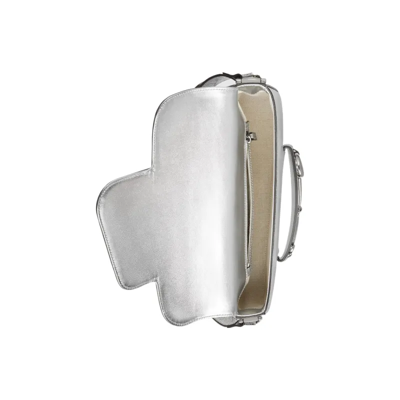 GUCCI Horsebit 1955 Crackle Leather Handbag Shoulder Bag Women's Silver-6