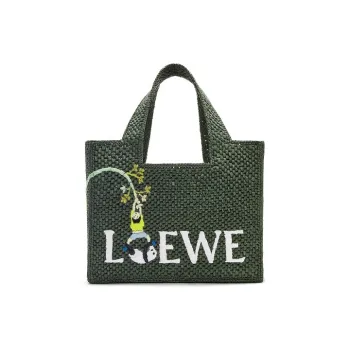 LOEWE Suna Fujita Collaboration Font Tote Raffia Fiber Tote Bag Shopping Bag Handbag Small Size Women's Dark Green