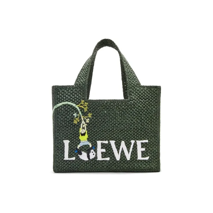 LOEWE Suna Fujita Collaboration Font Tote Raffia Fiber Tote Bag Shopping Bag Handbag Small Size Women's Dark Green-0