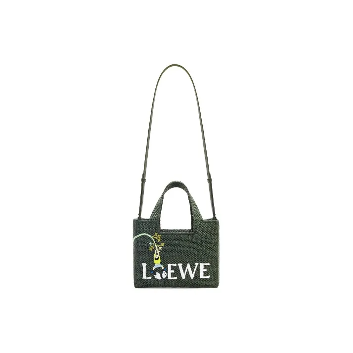 LOEWE Suna Fujita Collaboration Font Tote Raffia Fiber Tote Bag Shopping Bag Handbag Small Size Women's Dark Green-4