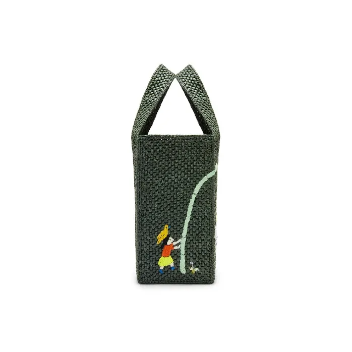 LOEWE Suna Fujita Collaboration Font Tote Raffia Fiber Tote Bag Shopping Bag Handbag Small Size Women's Dark Green-2