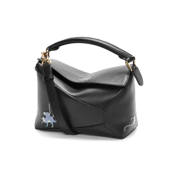 LOEWE Suna Fujita Collaboration Puzzle Satin Cow Leather Shoulder Bag Crossbody Bag Handbag Small Size Women's Black