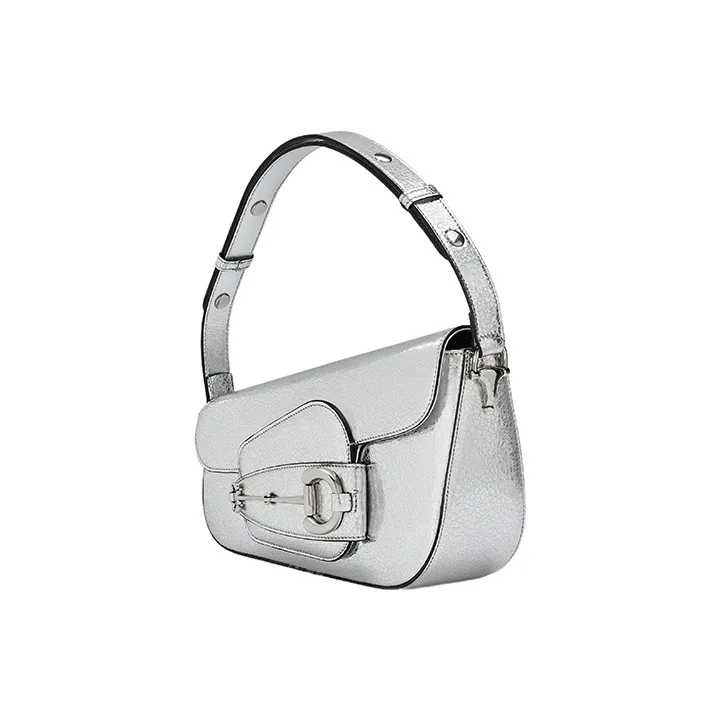 GUCCI Horsebit 1955 Crackle Leather Handbag Shoulder Bag Women's Silver-1