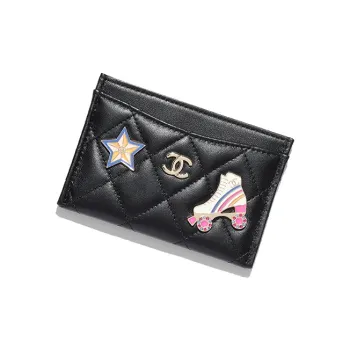 CHANEL Lambskin Enamel Card Holder Women's Black