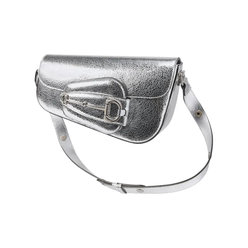 GUCCI Horsebit 1955 Crackle Leather Handbag Shoulder Bag Women's Silver-7