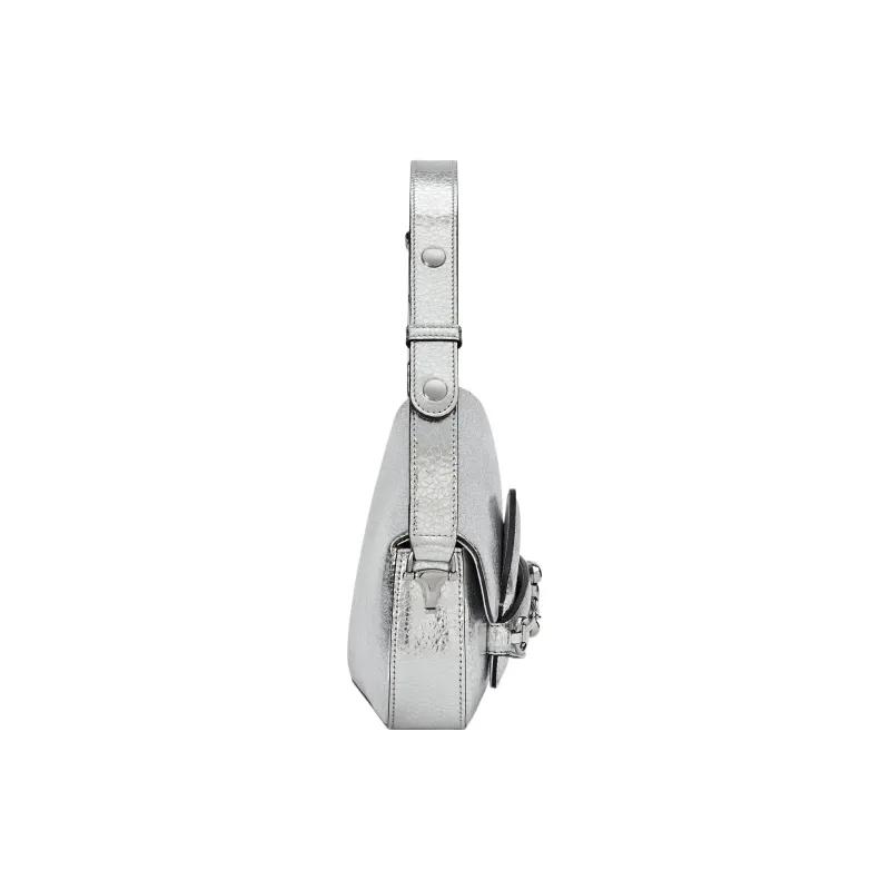 GUCCI Horsebit 1955 Crackle Leather Handbag Shoulder Bag Women's Silver-4