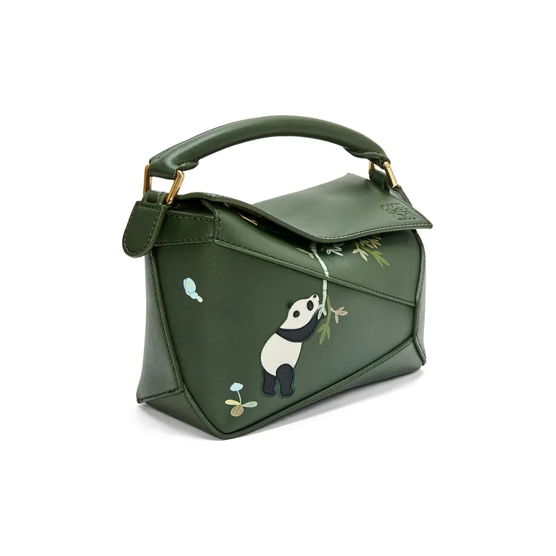 LOEWE Suna Fujita Collaboration Puzzle Satin Cow Leather Shoulder Bag Crossbody Bag Handbag Mini Women's Dark Green-2
