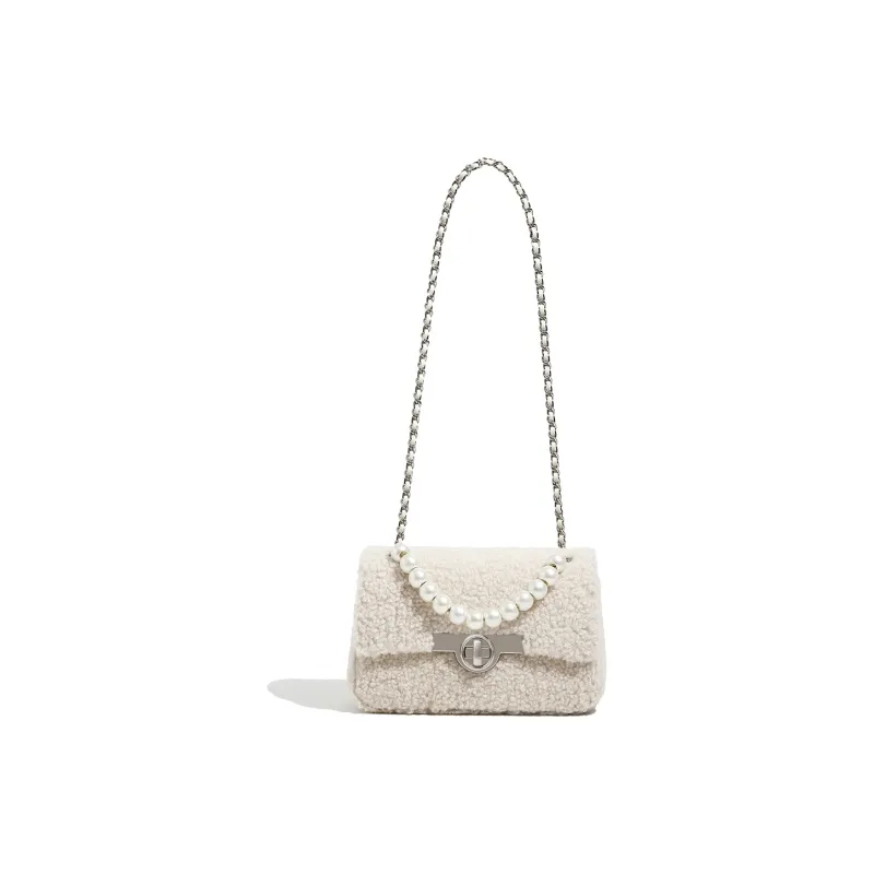Miss Kung Wool Lambswool Woolen Small Square Bag Chain Pearl Bag Crossbody Bag Shoulder Bag Regular Women's Ecru-3