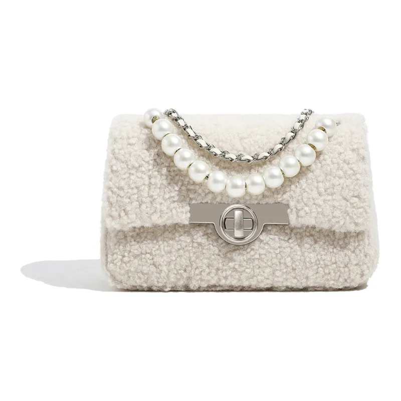 Miss Kung Wool Lambswool Woolen Small Square Bag Chain Pearl Bag Crossbody Bag Shoulder Bag Regular Women's Ecru-1