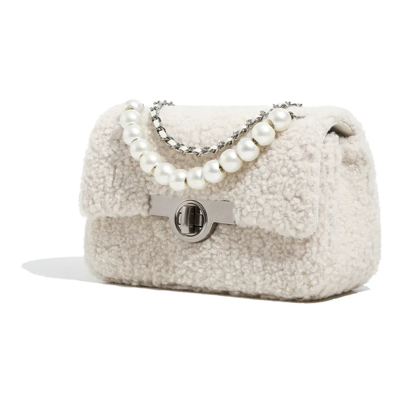 Miss Kung Wool Lambswool Woolen Small Square Bag Chain Pearl Bag Crossbody Bag Shoulder Bag Regular Women's Ecru-2