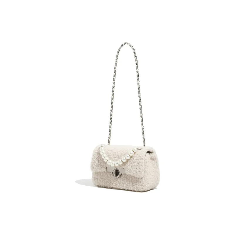 Miss Kung Wool Lambswool Woolen Small Square Bag Chain Pearl Bag Crossbody Bag Shoulder Bag Regular Women's Ecru-4