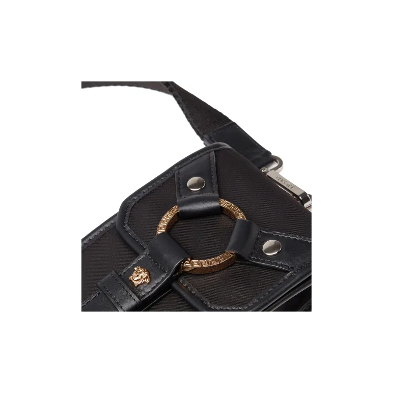 VERSACE Cow Leather Crossbody Bag With Cell Phone Pouch Unisex Black-5
