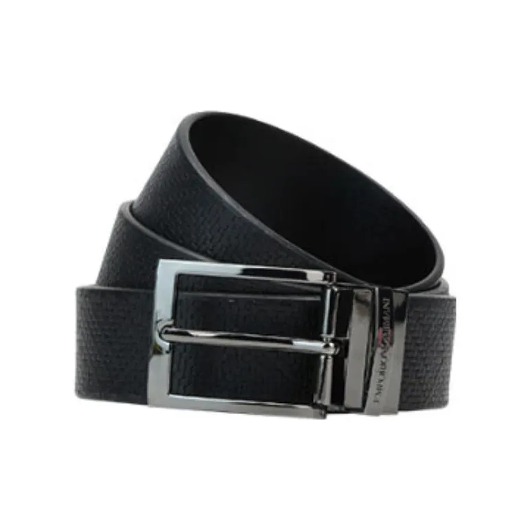 EMPORIO ARMANI Logo Letter Stamped Decoration Pin Buckle Cow Leather Split Cow Leather Belts Men's Black Width 3.5CM-1