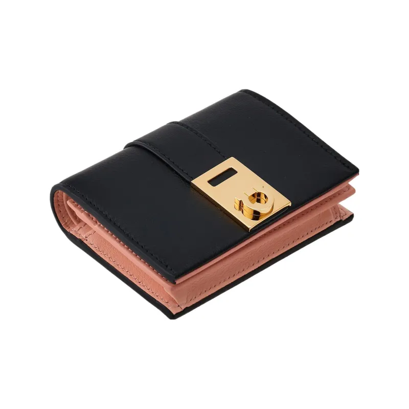 FERRAGAMO GANCINI Smooth Calf Leather Wallet Regular Women's Black & Pink-2