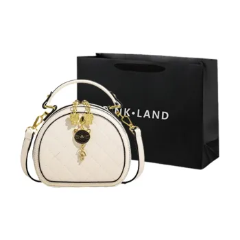 PINK·LAND PU Round Bag Portable Small Bag Crossbody Bag Regular Women's Ecru/Black
