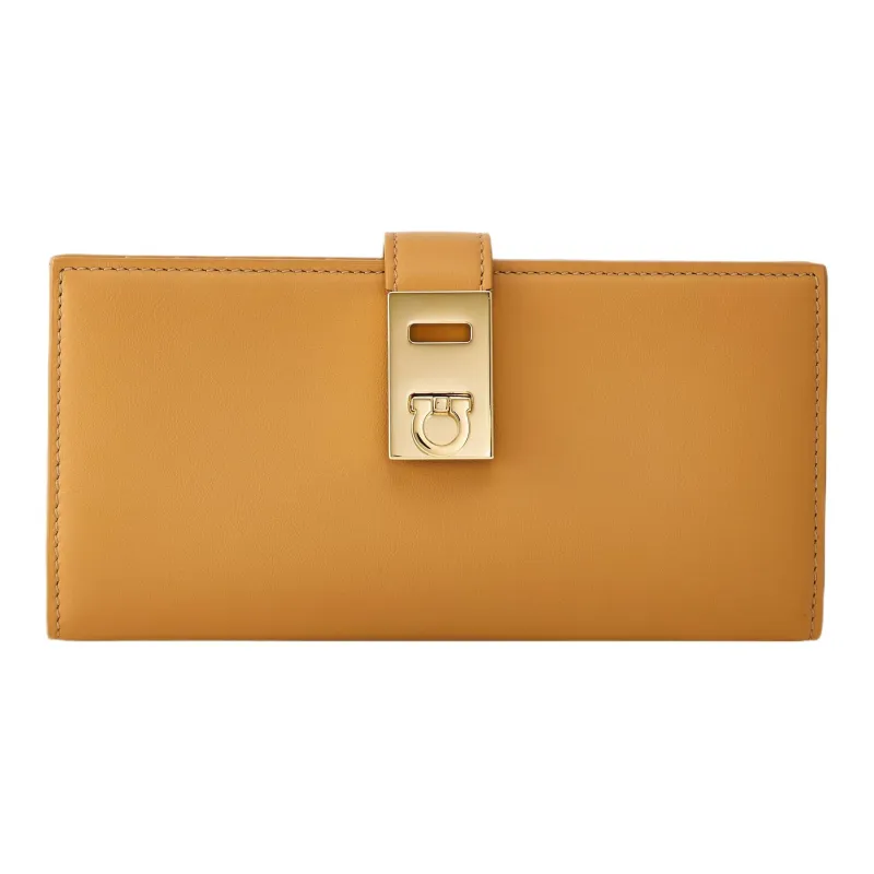 FERRAGAMO GANCINI Smooth Calf Leather Wallet Regular Women's Light Camel-0
