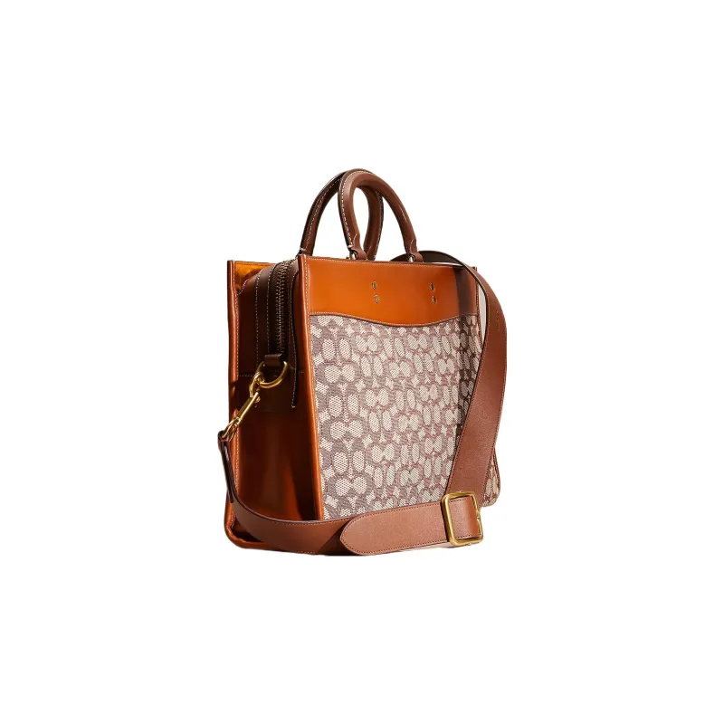 COACH Rogue Jacquard With Glove Tanned Leather Tote Bag Shopping Bag Shoulder Bags Handbags Large Size Women's Tan-1