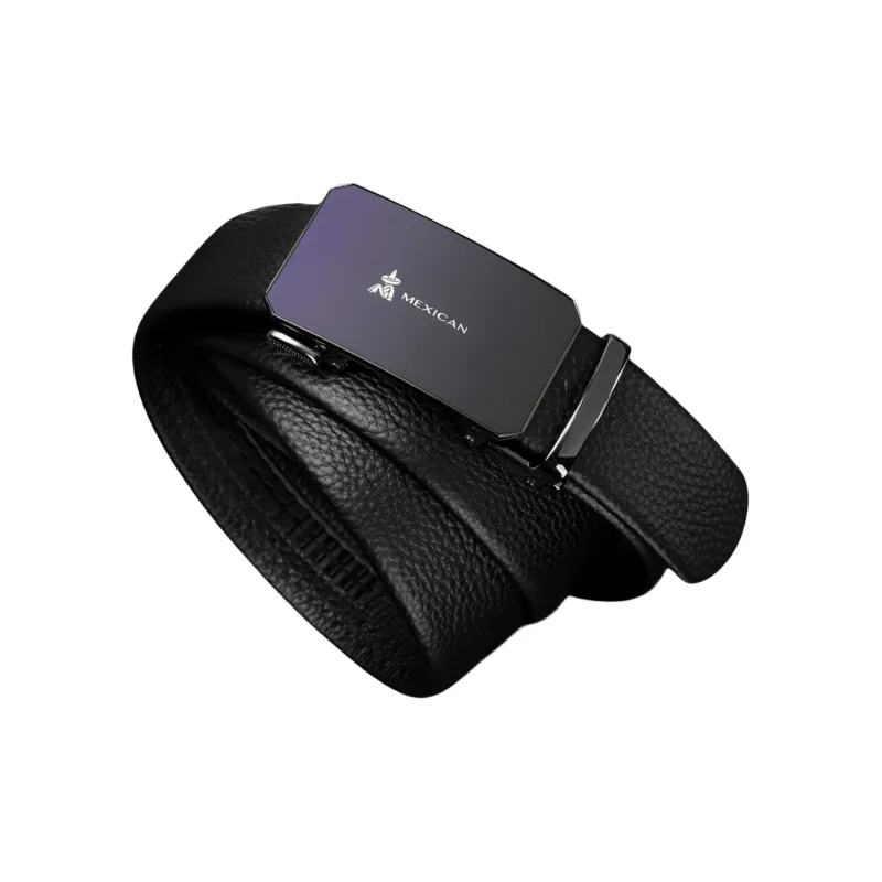 MEXICAN Mirror Finish Automatic Buckle Top Grain Cow Leather Belts Men's Black Width 3.5CM-2