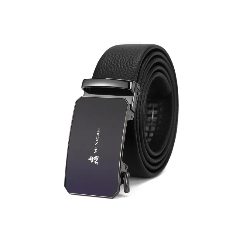 MEXICAN Mirror Finish Automatic Buckle Top Grain Cow Leather Belts Men's Black Width 3.5CM-1