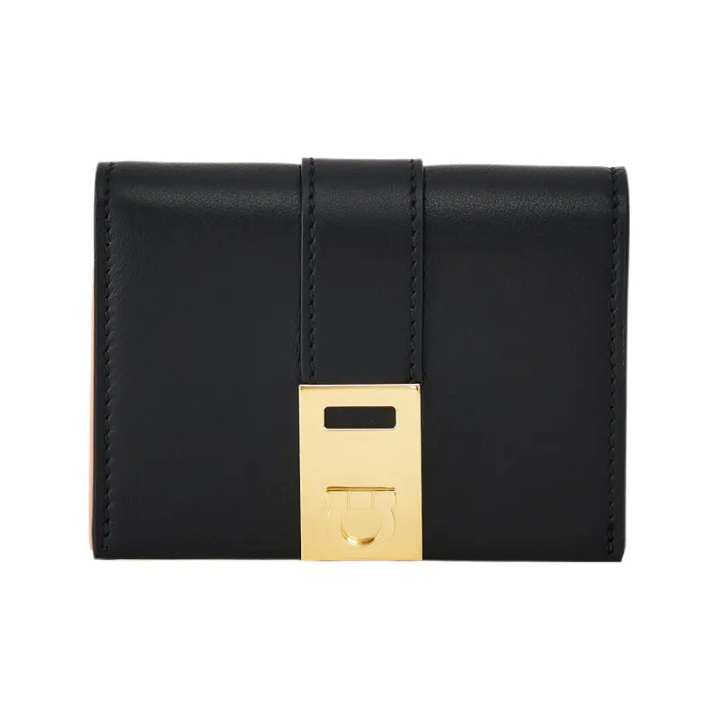FERRAGAMO GANCINI Smooth Calf Leather Wallet Regular Women's Black & Pink-0