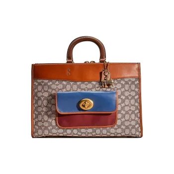 COACH Rogue Jacquard With Glove Tanned Leather Tote Bag Shopping Bag Shoulder Bags Handbags Large Size Women's Tan