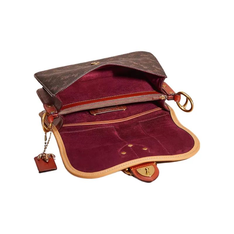 COACH Beat Coated Canvas With Calfskin Handbag Shoulder Bag Medium Size Women's Brass & Brown Umber & Pine Green Patina-2