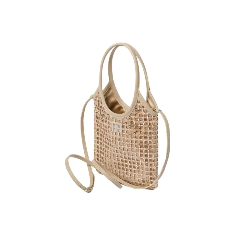 MIU MIU Synthetic Crystal Patchwork Satin Handbag Women's Sand Beige Yellow-1