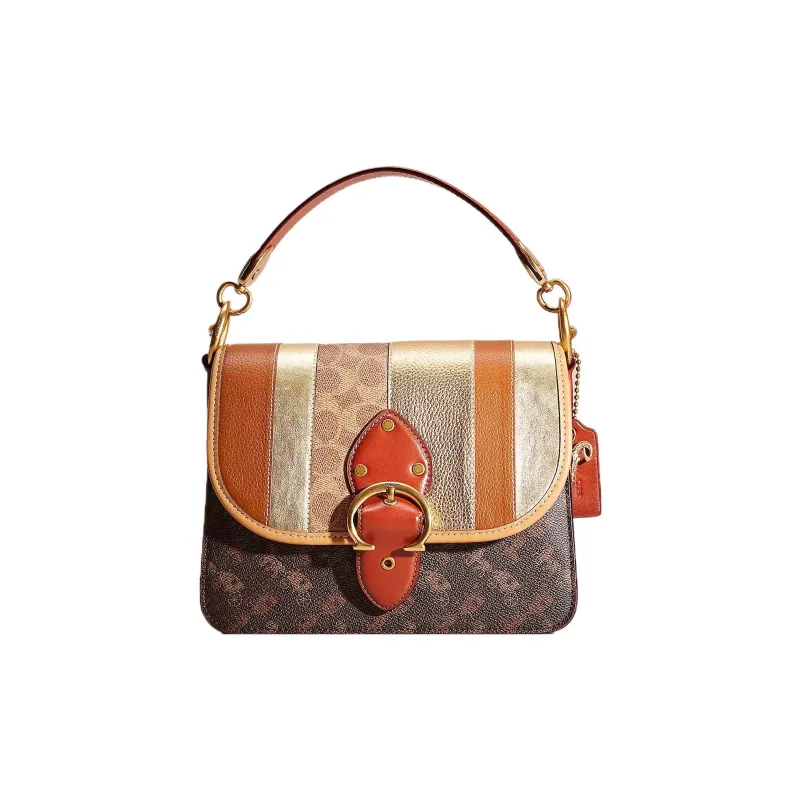 COACH Beat Coated Canvas With Calfskin Handbag Shoulder Bag Medium Size Women's Brass & Brown Umber & Pine Green Patina-0