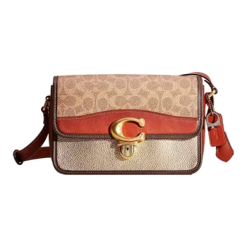 COACH Studio Shiny Canvas With Leather Crossbody Bag Shoulder Bag Women's Tan & Rusty Red
