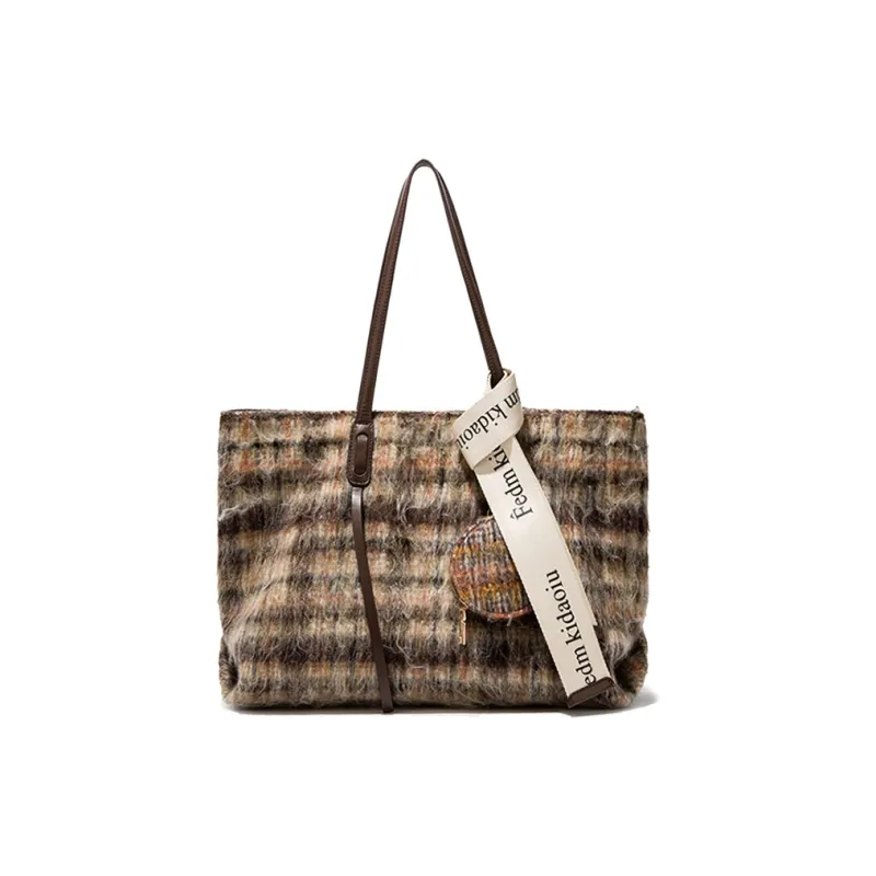MACKJANICE Polyurethane Tote Shoulder Bag Women's Black White Plaid-8