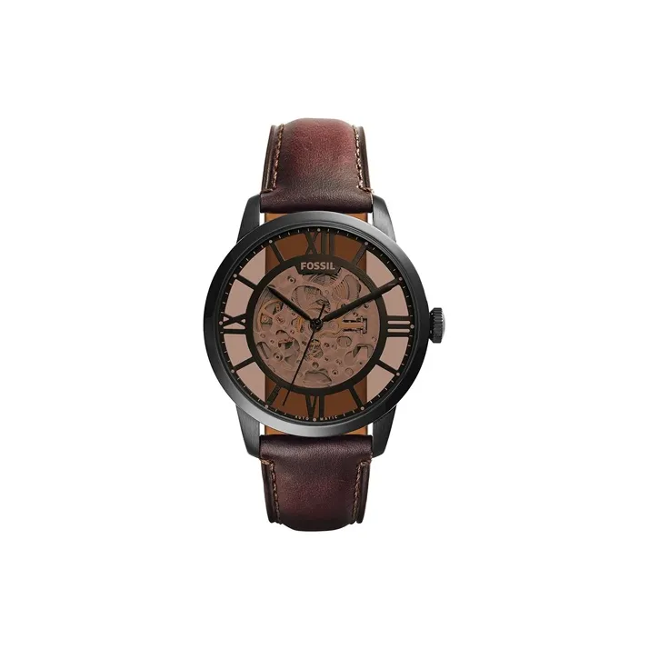FOSSIL Townspeople Collection Wrist Watch Automatic Mechanical Movement Leather Strap 44mm Tan Watch Dial Men's Watches-0