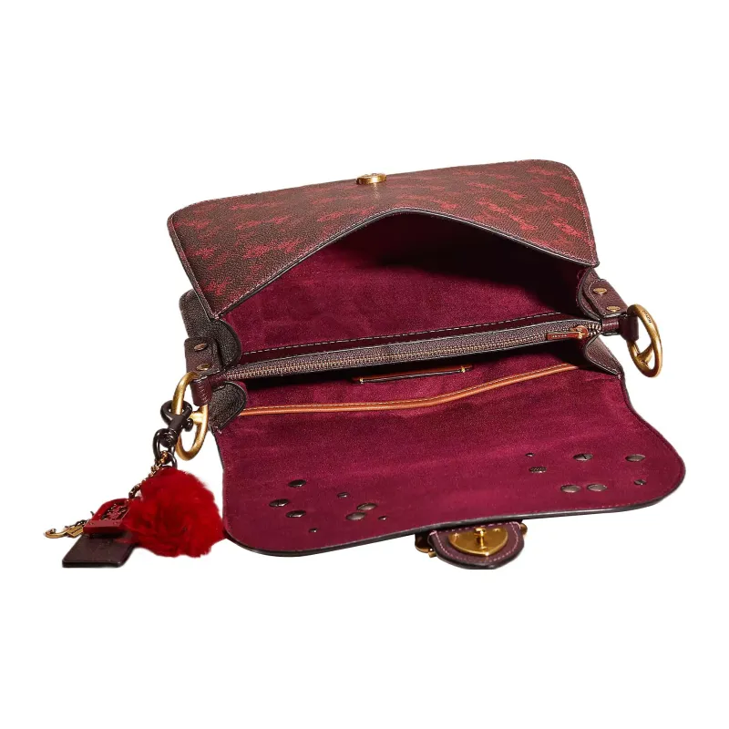 COACH Beat Canvas With Leather Handbag Shoulder Bag Medium Size Women's Fuchsia With Grapevine Raspberry Accents-2