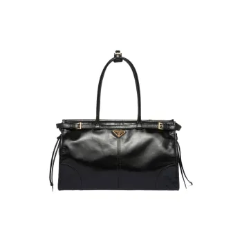 PRADA Leather Handbag Shoulder Bag Large Size Women's Black