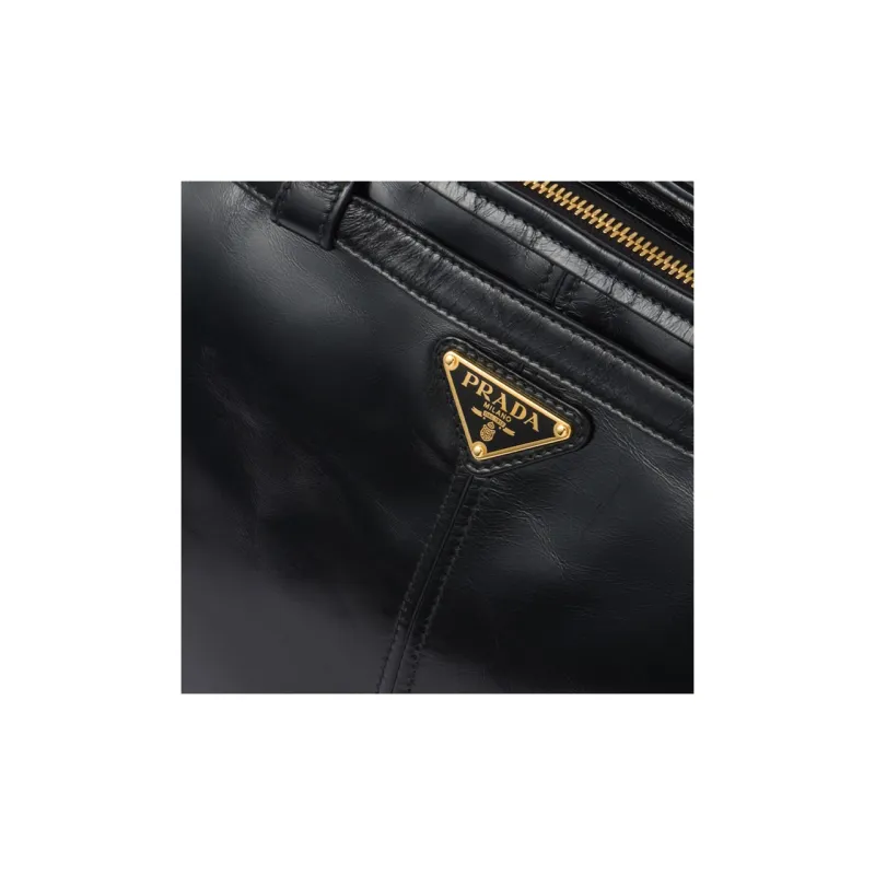 PRADA Leather Handbag Shoulder Bag Large Size Women's Black-5