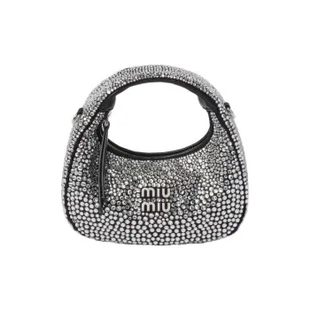 MIU MIU Wander Series Synthetic Crystal Silk Satin Crescent Bag Hobo Shoulder Bag Crossbody Handbag Mini Women's Black