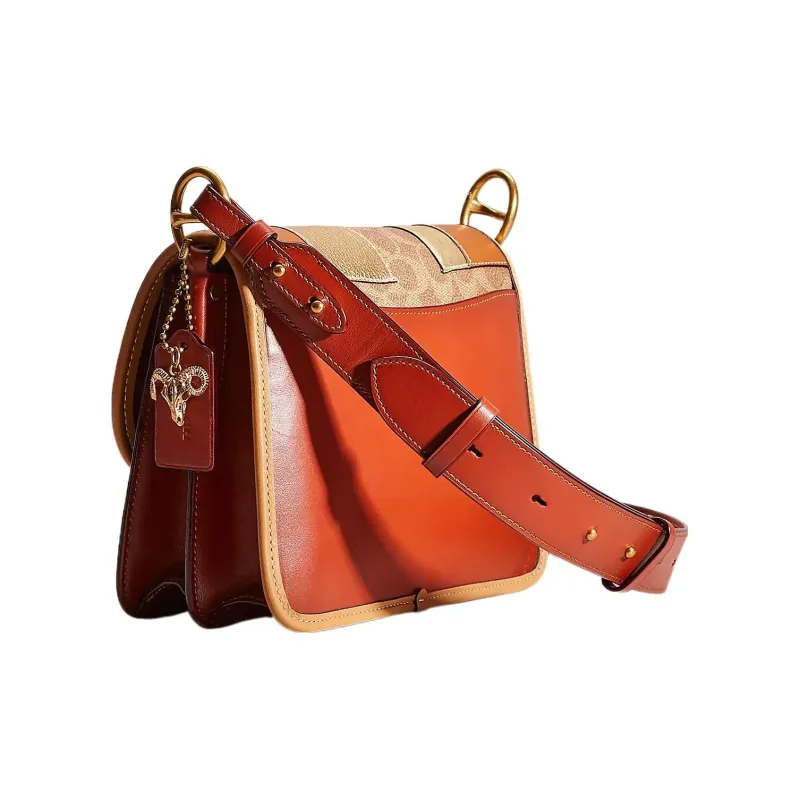 COACH Beat Coated Canvas With Calfskin Handbag Shoulder Bag Medium Size Women's Brass & Brown Umber & Pine Green Patina-1