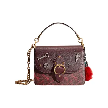 COACH Beat Canvas With Leather Handbag Shoulder Bag Medium Size Women's Fuchsia With Grapevine Raspberry Accents