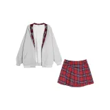 Gray Red Plaid Sweatshirts+Red Plaid Short Skirts